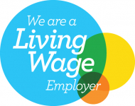 The Living wage employer. The colours of the logo are green, yellow, blue and orange.