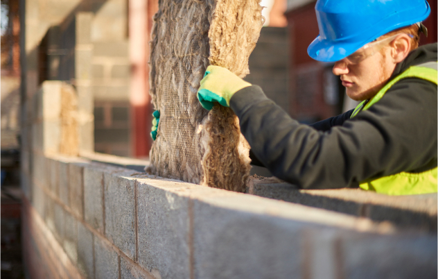 An operative in a blue hard hat placing a layer of fibre wool cavity wall insulation into the cavity of a newbuild house