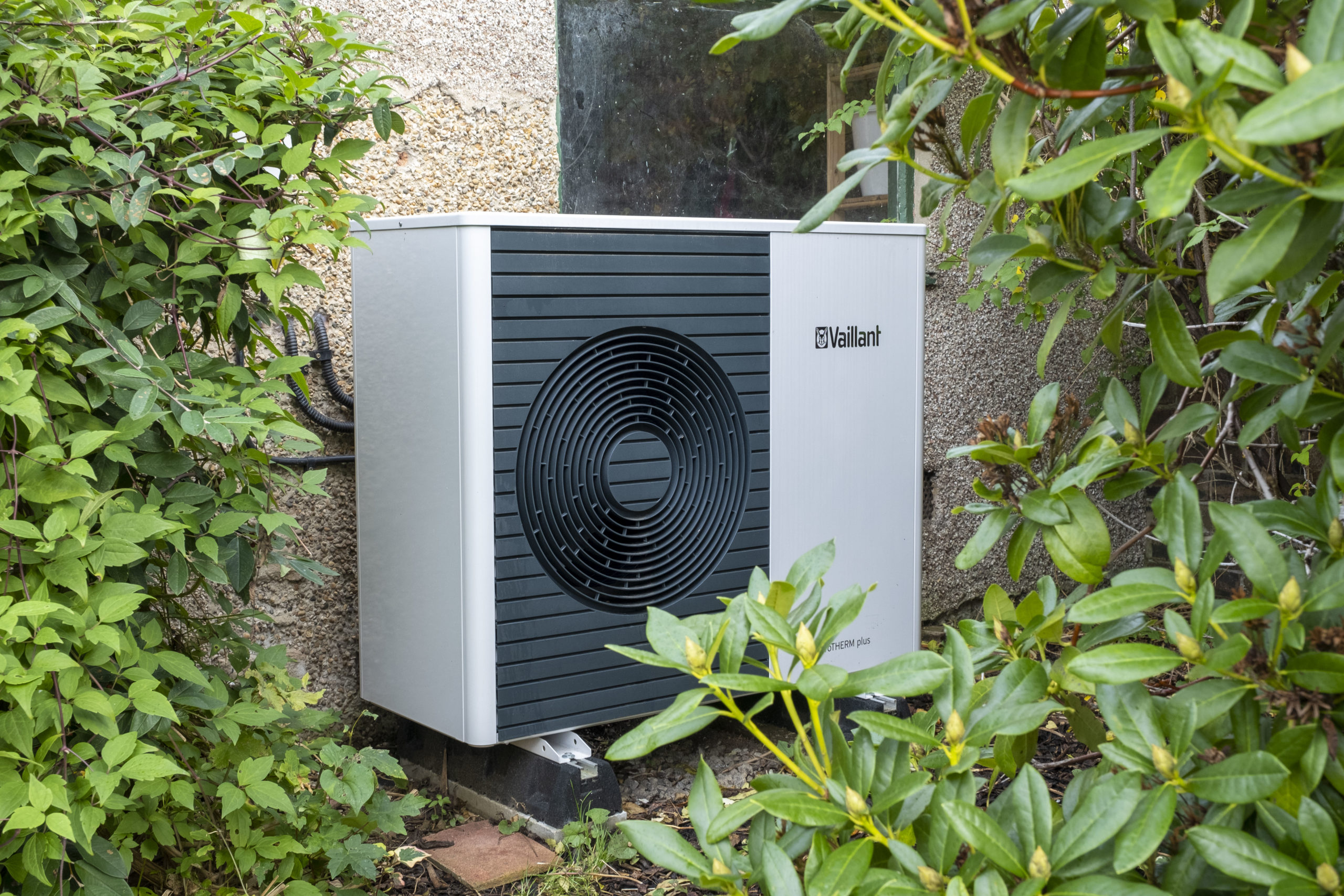 An air source heat pump surrounded by foliage