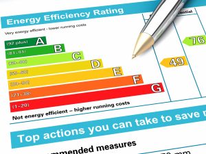 The EPC rating section of an Energy Performance Certificate (EPC). The ratings go from G (red) to A (green)