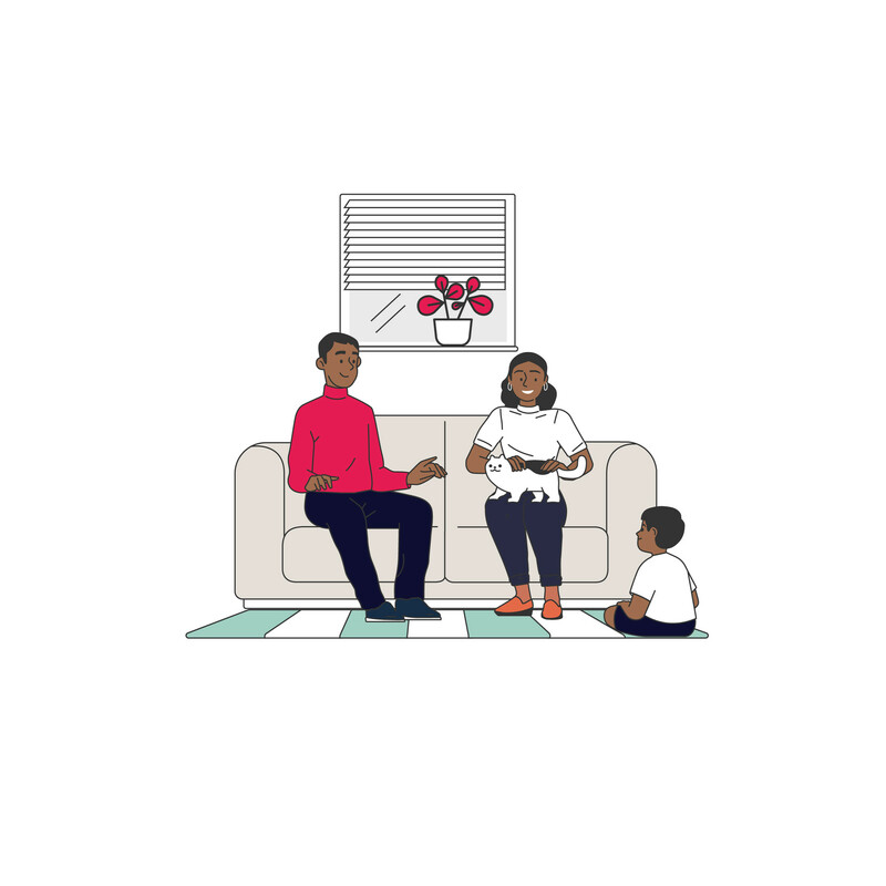 Graphic of a family in their retrofitted home