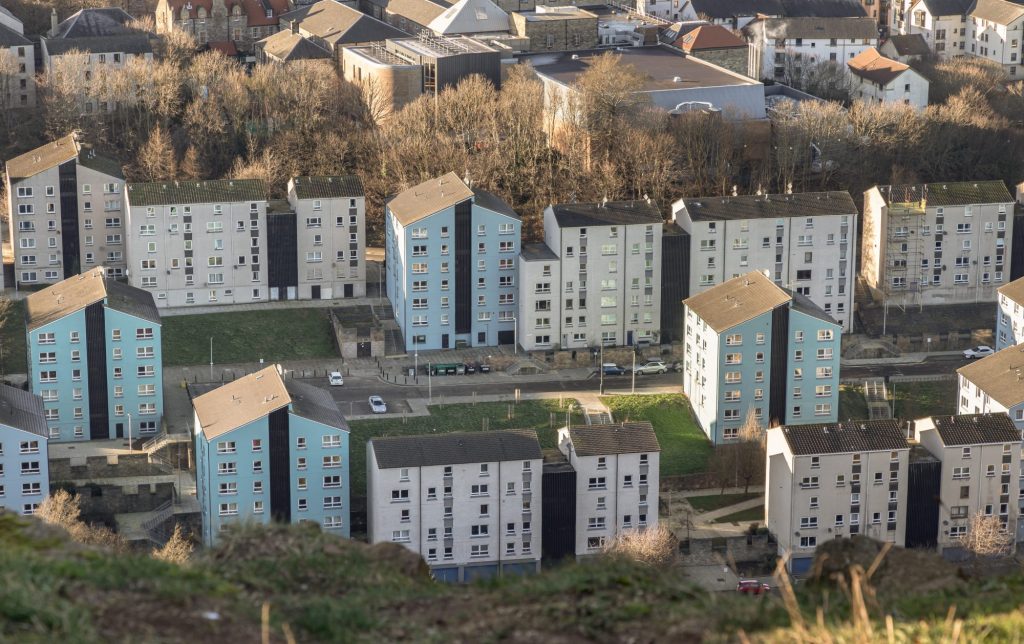 Aerial view of Scottish tenement flats.