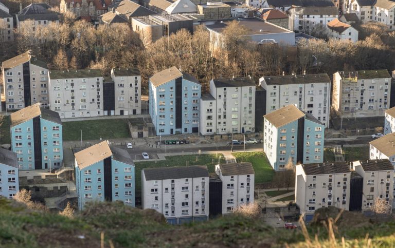 Aerial view of Scottish tenement flats.