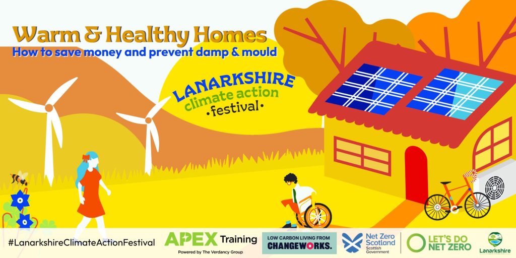 Warm and Healthy Homes event poster with a graphic of solar panels on a house and wind turbines in a garden